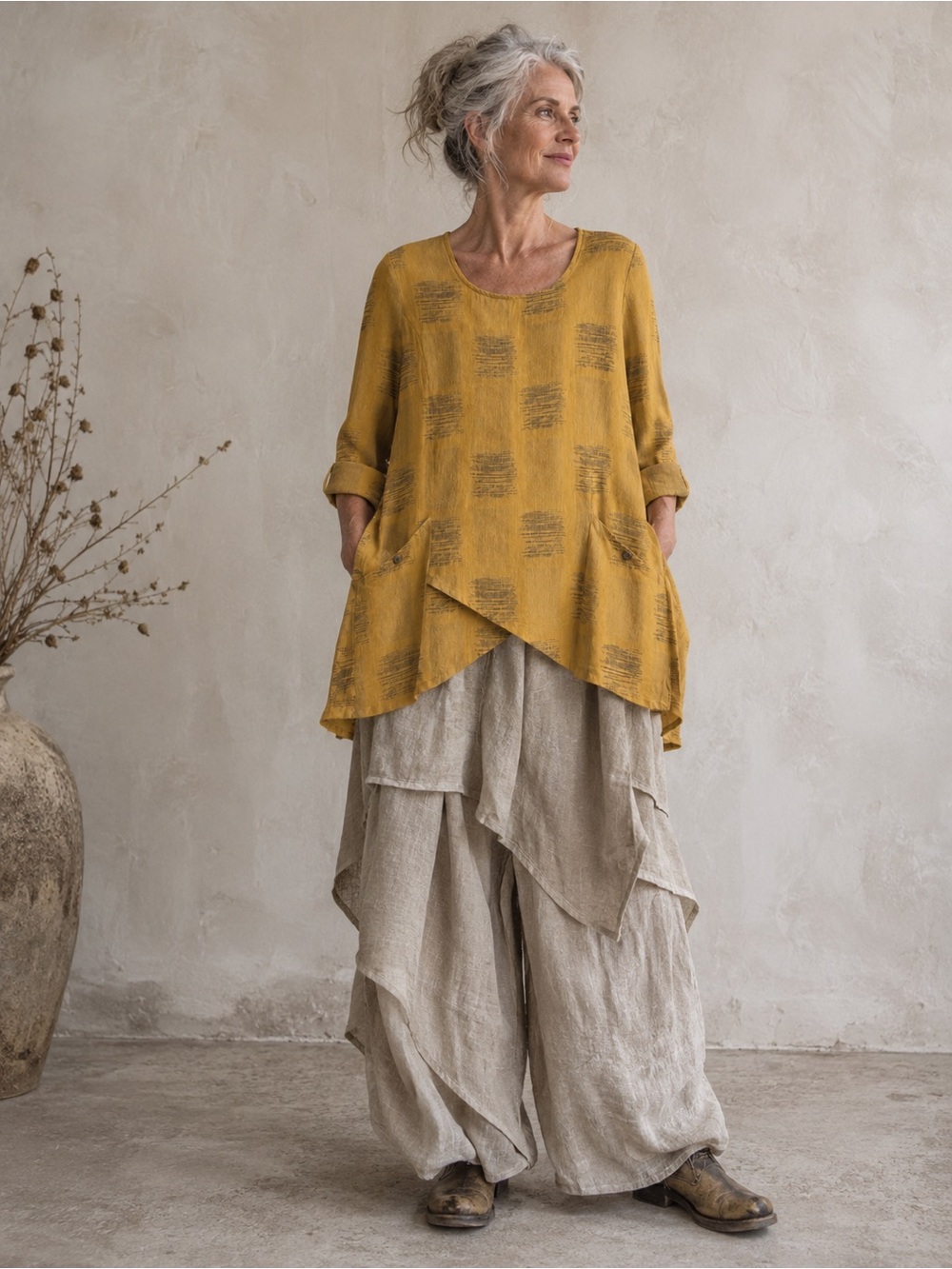 CLICK BY COLOR ME COTTON MUSTARD YELLOW LAGENLOOK COMFY TUNIC TOP  SZ M